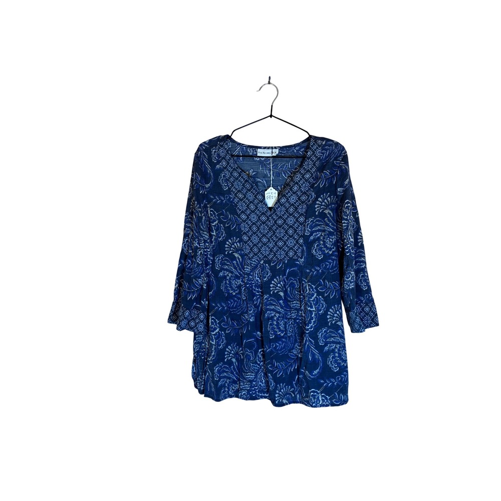 Kim Rogers Boho Floral Tunic Top Cottagecore V-Neck 3/4 Sleeve Medium Blue